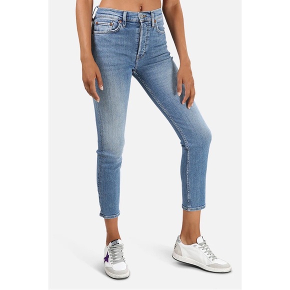 Re/Done High Rise Ankle Crop Jeans Worn Indigo Button Fly Skinny Denim Size 26 - Picture 10 of 10